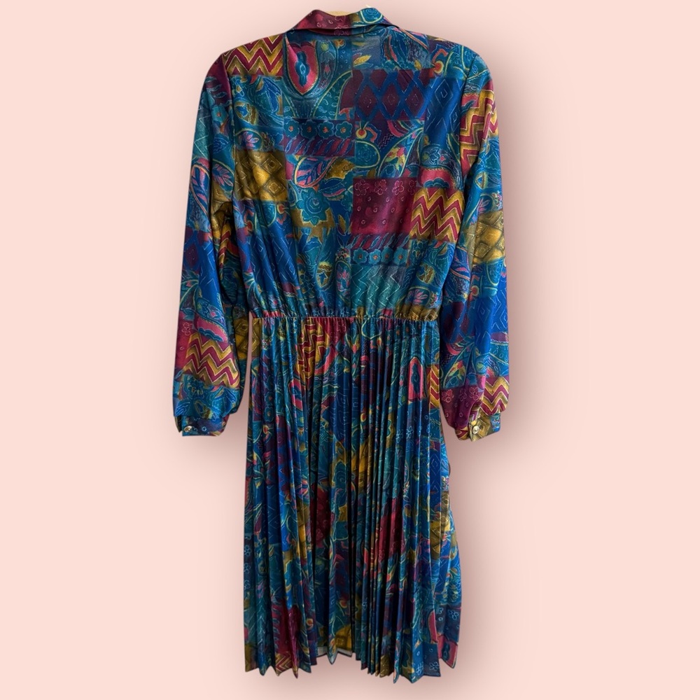 Vintage 80s Pleated Midi Dress | Jewel Tone Abstract Print Button Front - Picture 4 of 6